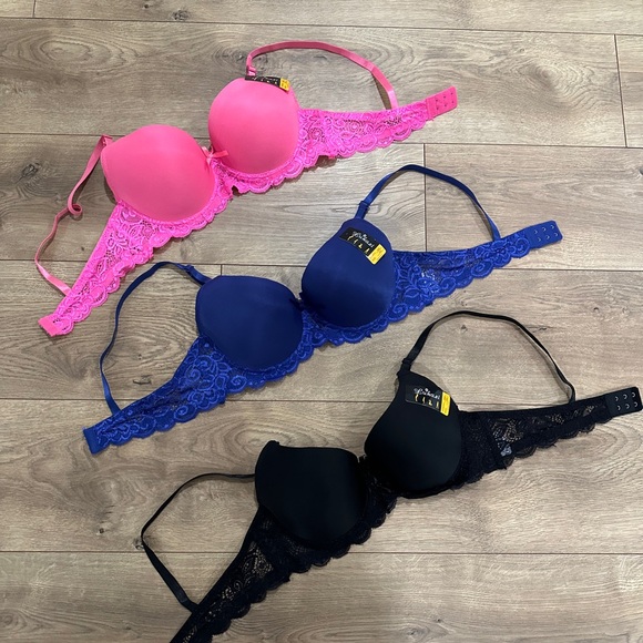 Other - Set of Three Lace Bras in Pink, Blue, and Black
